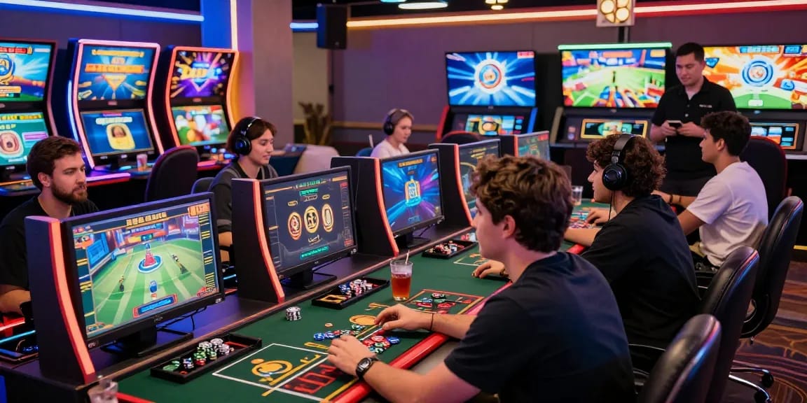 grandbetting online gaming scene with players enjoying live casino experience at high-tech stations