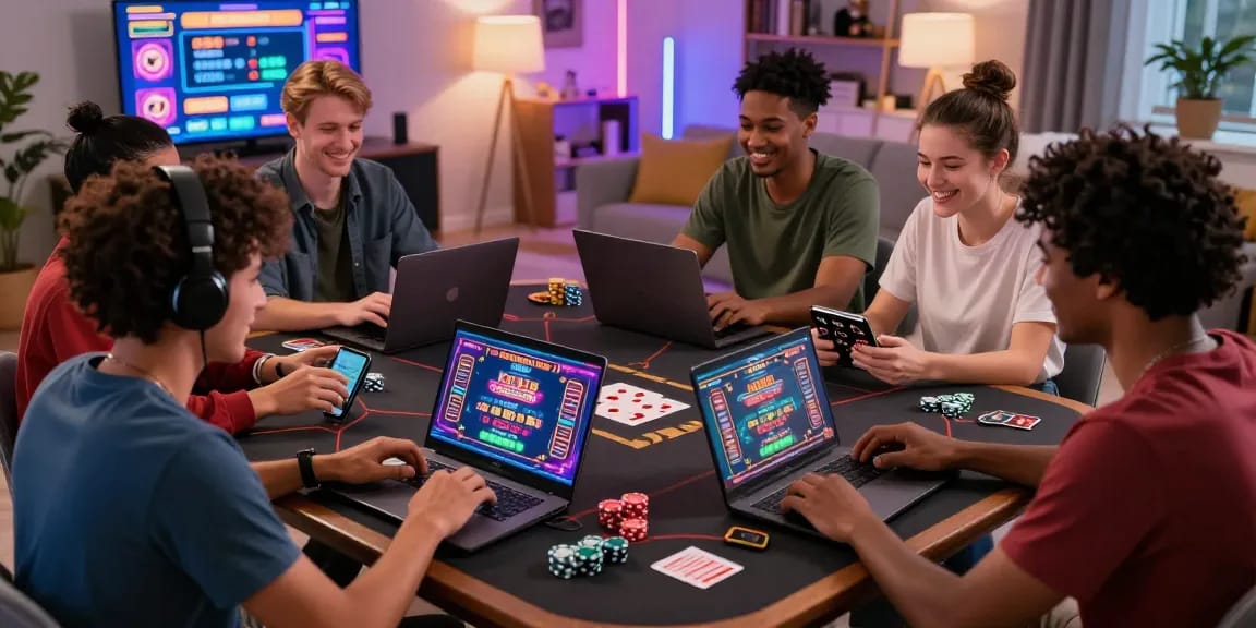 Friends enjoying games with Free No Deposit Bonus offers in a cozy setting