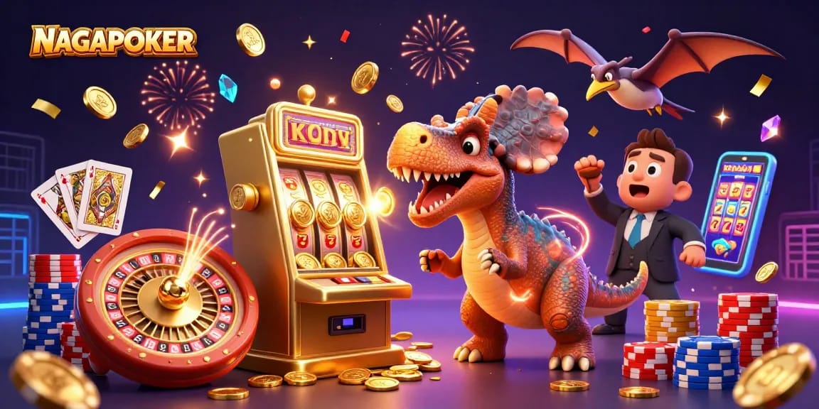 NAGAPOKER showcases a cartoon dinosaur winning jackpots at a vibrant casino scene with coins flying.