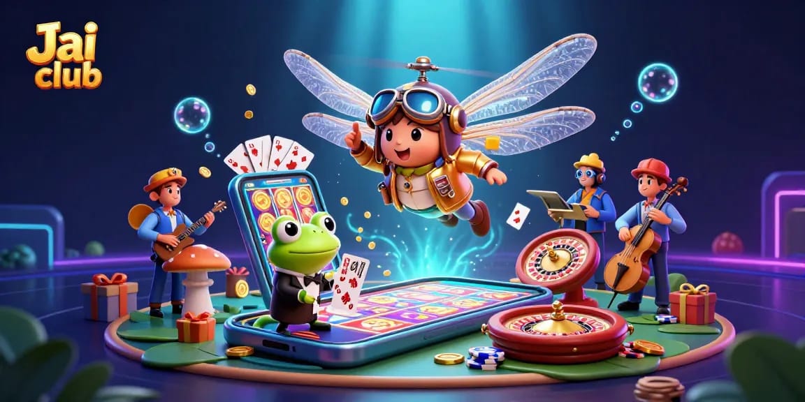 Engage with Jai club's exciting gaming experience featuring a cartoon scene of fun gameplay elements.