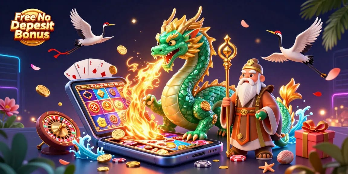 Engage with the Free No Deposit Bonus through an epic casino illustration featuring dragon and turtle characters.