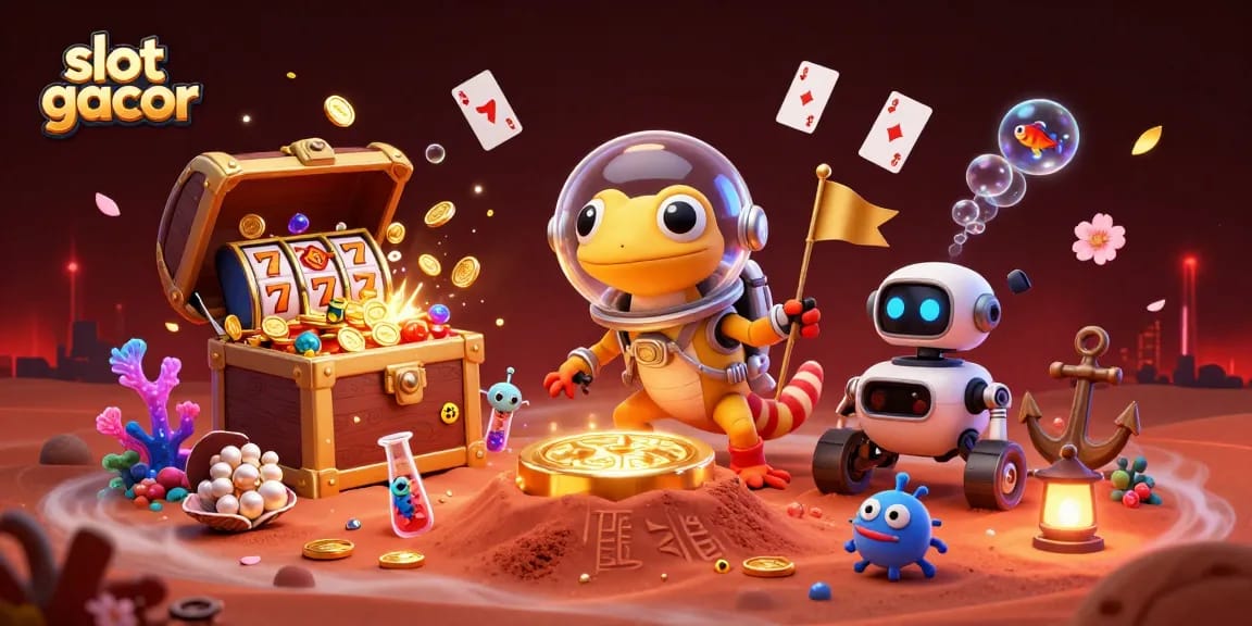 Play slot gacor with captivating visuals of a Martian gecko discovering a golden casino treasure on Mars.