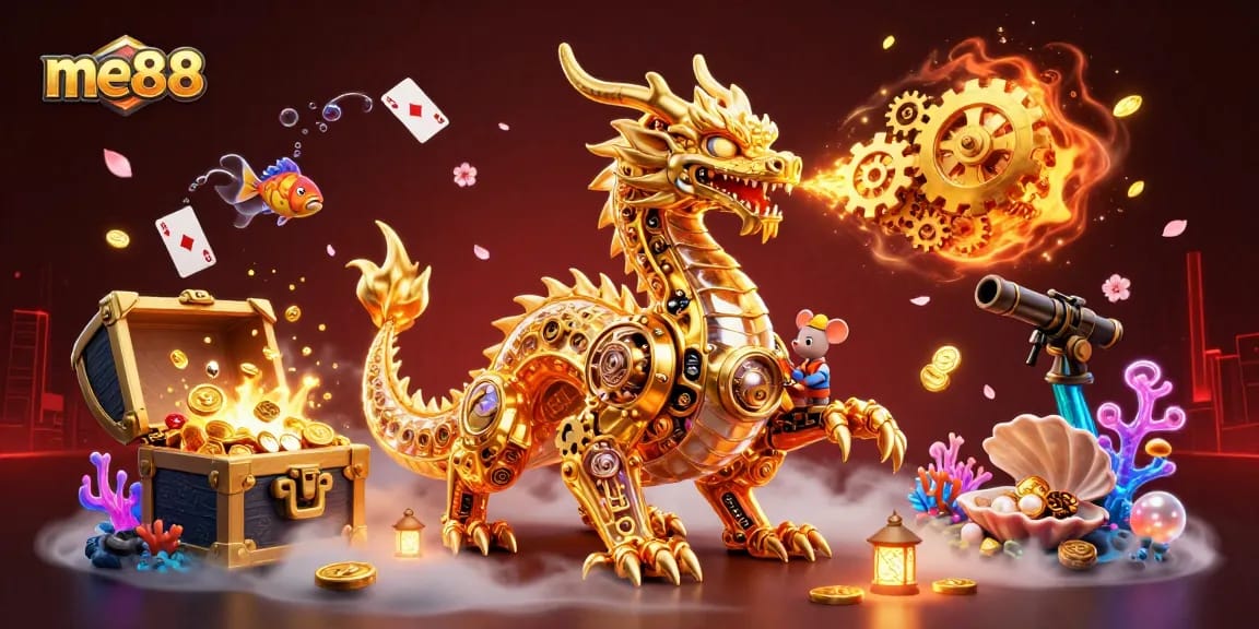 Experience thrilling wins at me88 online casino with a vibrant 3D illustration of a golden dragon and interactive gaming elements.