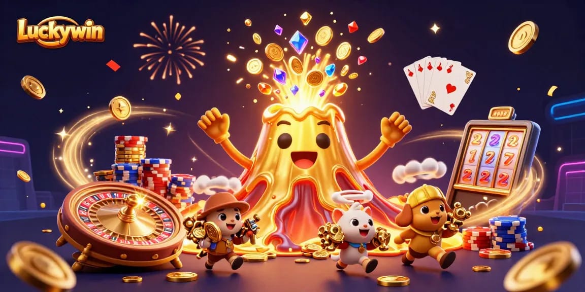 Win big with Luckywin in this vibrant casino illustration featuring volcanoes and treasures.