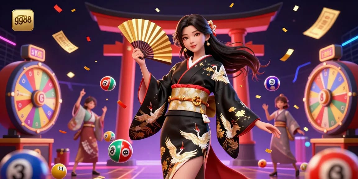 Win big at gg88 with lively lottery balls and a captivating casino atmosphere featuring a stunning Asian woman in a kimono.