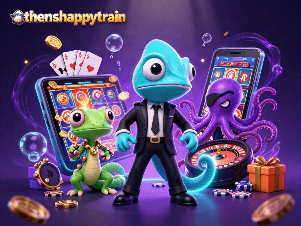 Experience thrilling gameplay with the athenshappytrain, featuring vibrant casino elements and colorful characters.