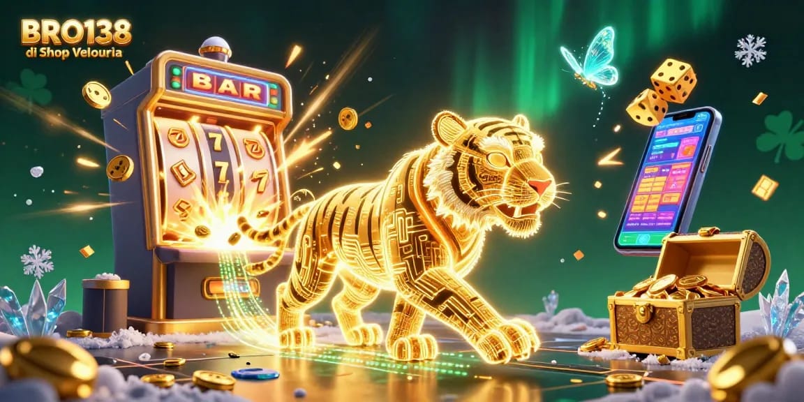 BRO138 di Shop Velouria showcases an exciting scene with a golden tiger and slot machine in a vibrant casino.