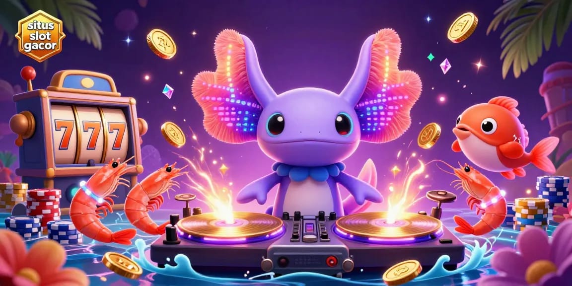Engage with the vibrant scene of "situs slot gacor" showcasing a neon axolotl DJ and lively marine crew amidst dazzling casino elements.