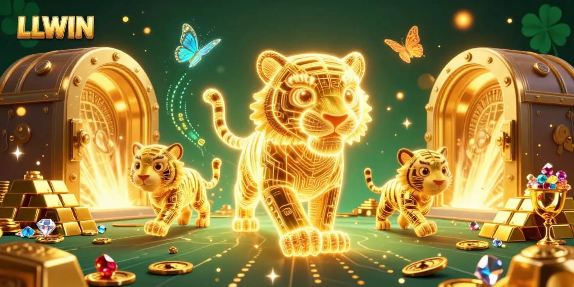 LLWIN casino scene featuring a golden tiger and holographic butterflies amidst a treasure landscape.