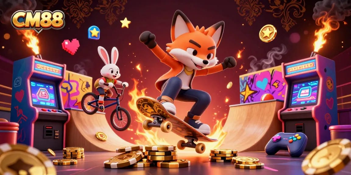 CM88 players enjoying vibrant casino-themed arcade gameplay with cartoon characters.
