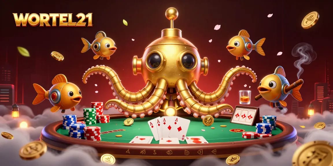 Engage with WORTEL21 to unveil your poker victories amidst a rich scene of golden coins and cards.