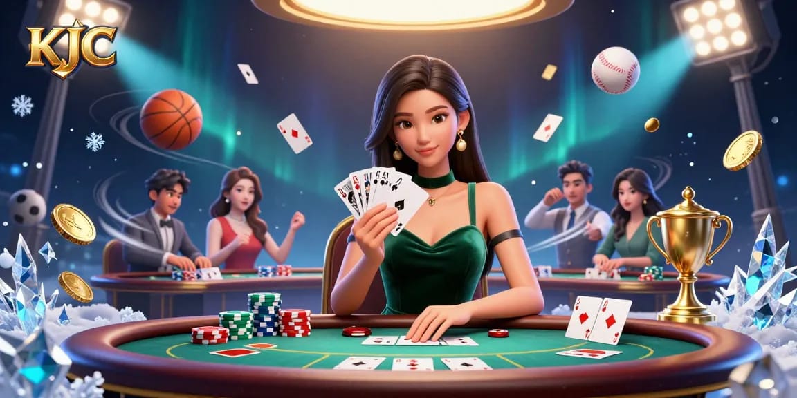 KJC poker scene featuring an elegant woman at a luxury game table with vibrant sports elements.