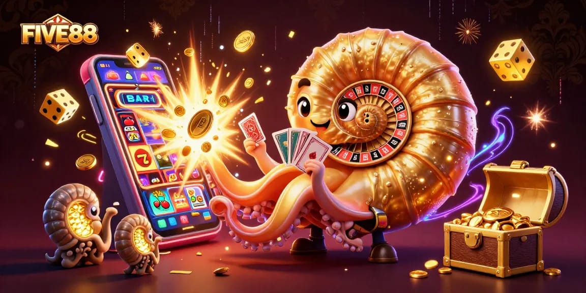 Engage in vivid FIVE88 gaming thrills with a colorful casino scene featuring a nautilus roulette wheel and slot machine.