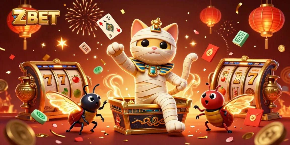 ZBET casino scene featuring a mummy cat, scarab beetle, and floating symbols, creating a vibrant slot atmosphere.
