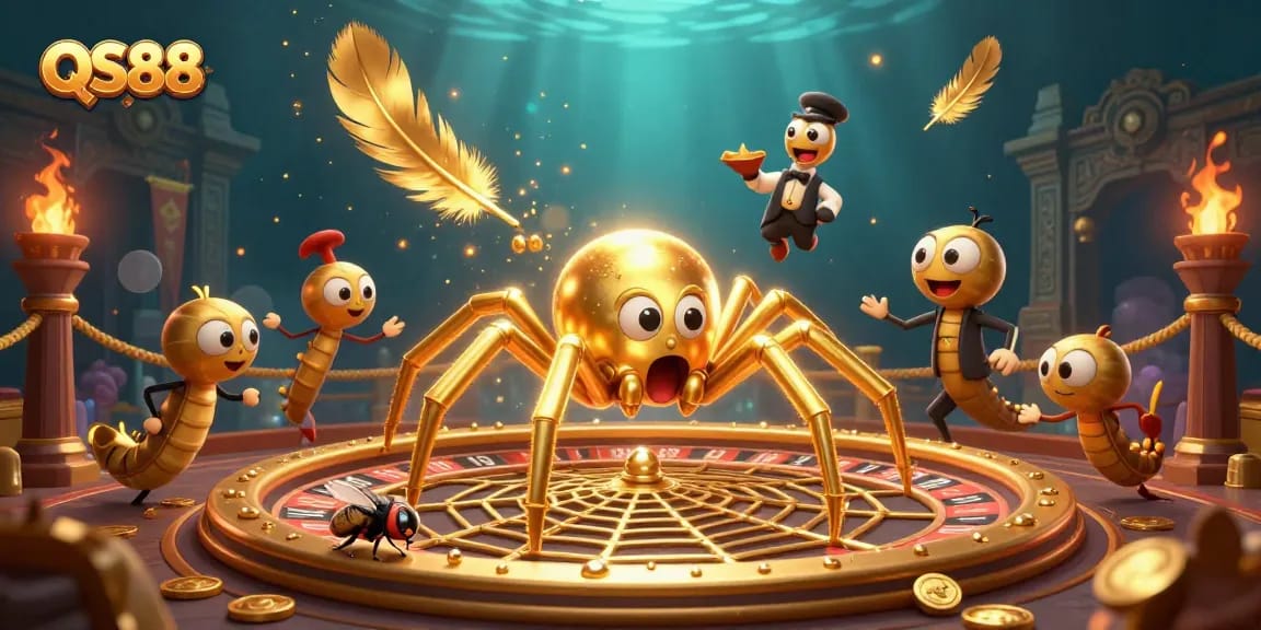 Experience thrilling gameplay at QS88 with vibrant characters, a roulette-themed web, and gold coins.