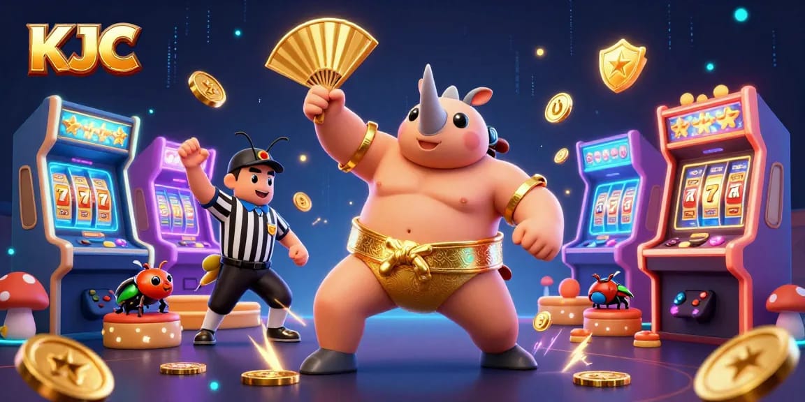KJC sumo beetle champion stomps golden coins with arcade slots and glowing game machines.