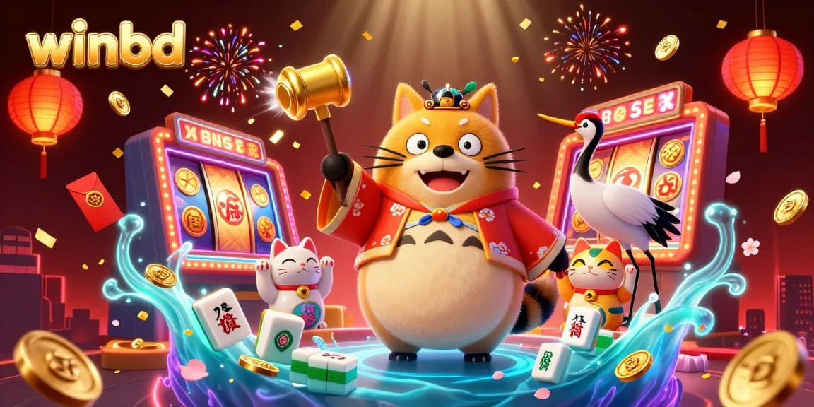 Experience winbd's vibrant casino environment with cheerful tanuki, cranes, and lucky cats celebrating exciting games and jackpots.