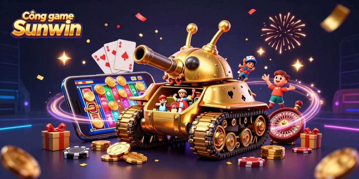 Experience excitement at Cổng game Sunwin with a golden beetle tank revealing a vibrant casino scene.