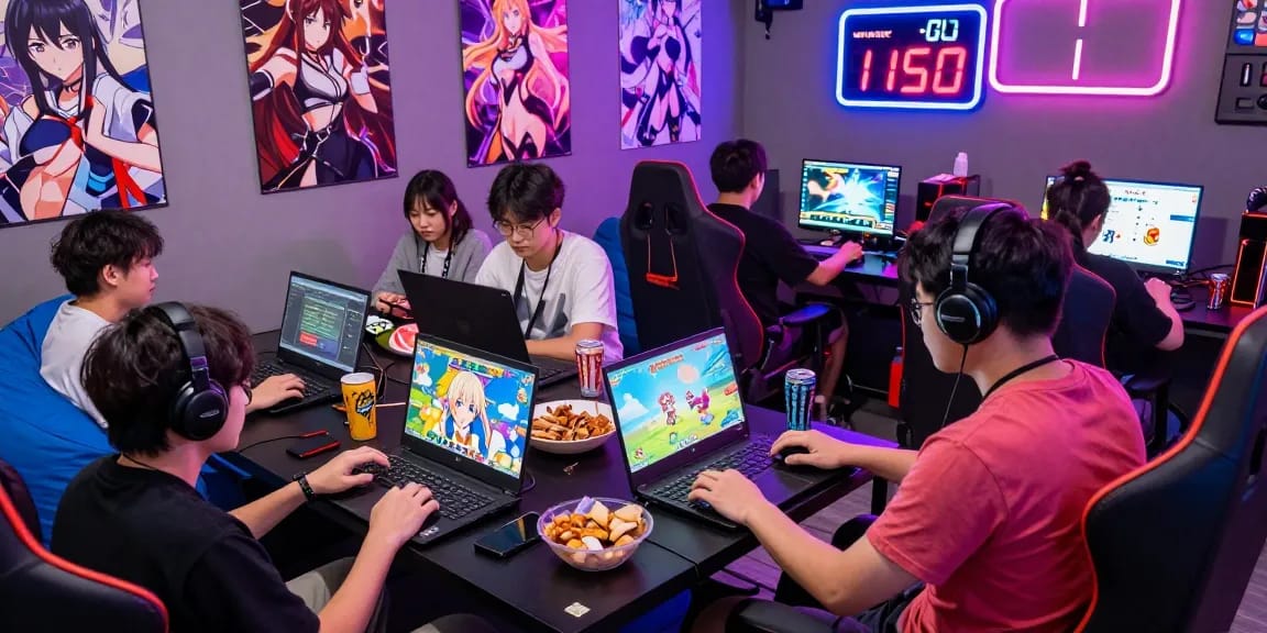 Engaged gamers in a vibrant lounge playing hentai games on laptops, capturing the energy and excitement of gaming.