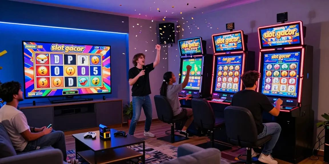 Pengalaman bermain slot gacor fujiwin88 secara online dengan suasana meriah dan pemain yang bersemangat merayakan kemenangan.