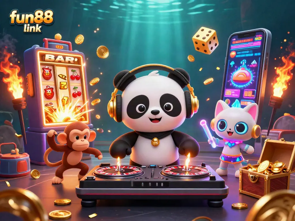 Win with fun88 link in a vibrant 3D casino world featuring energetic characters, games, and excitement.