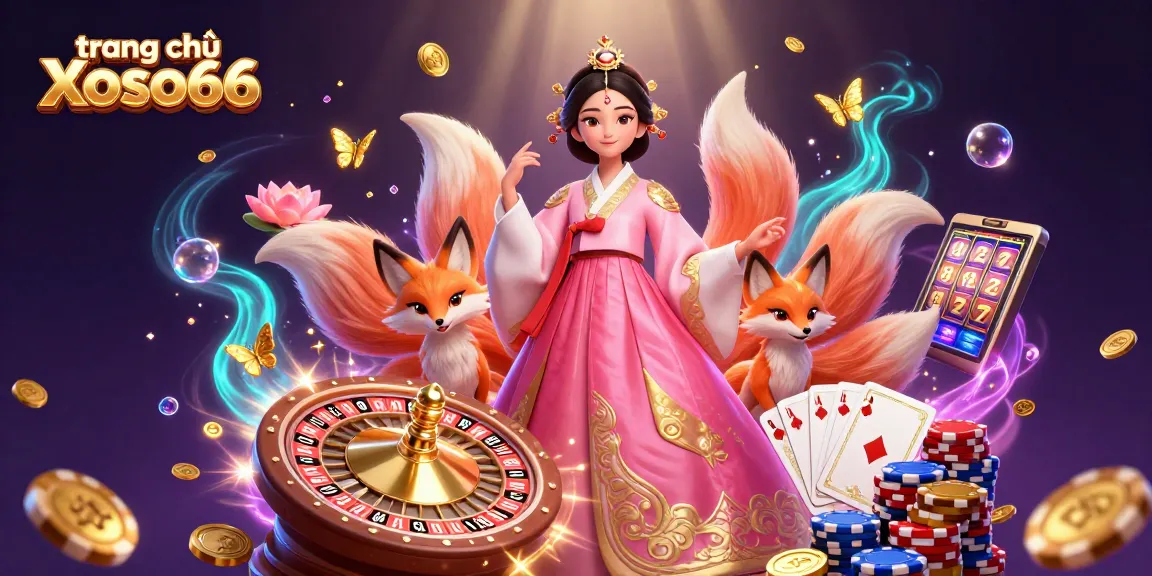 Engage in thrilling games at trang chủ Xoso66 with floating gold, vibrant colors, and animated casino elements.