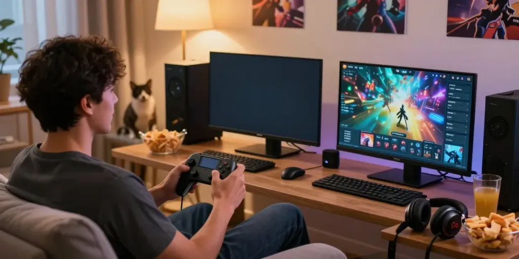 Engaging adult playing yono games on a smartphone in a cozy living room.