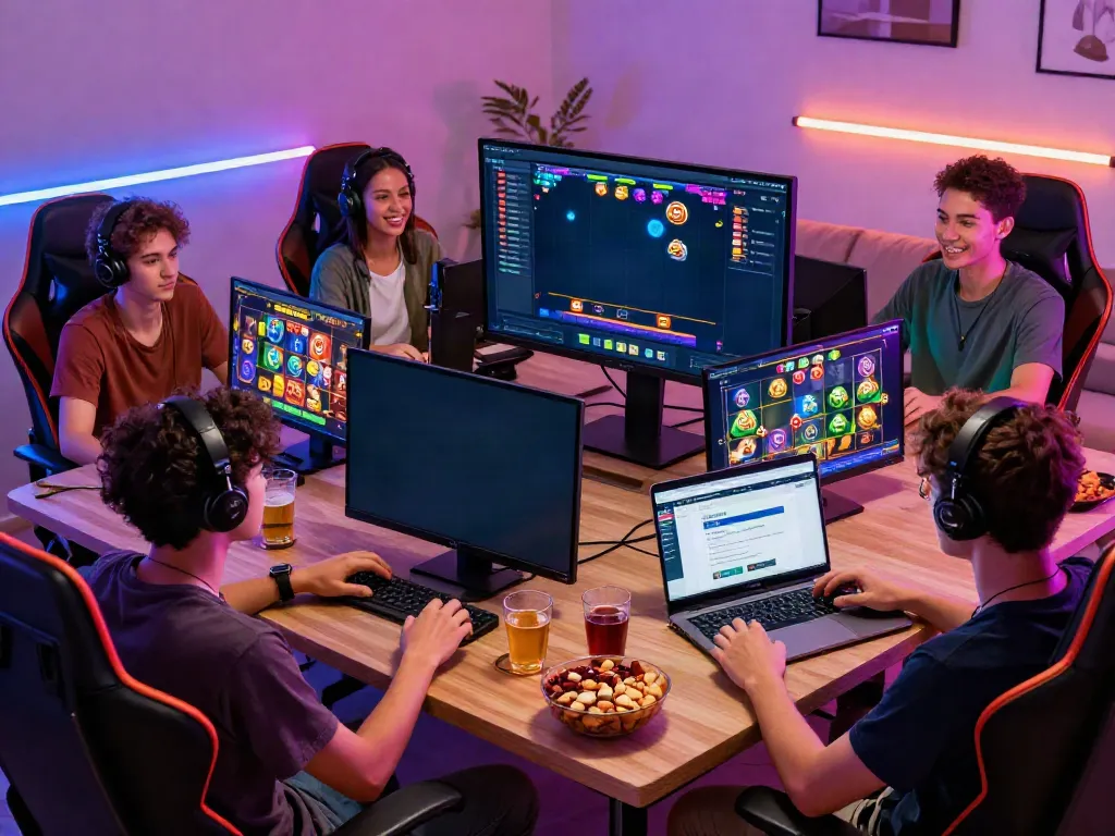 Group of friends enjoying akunjp online gaming on a large screen with snacks and a cozy atmosphere.