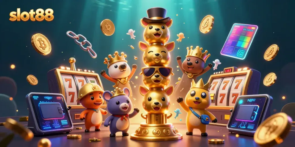 Ilustrasi 3D slot88 yang menunjukkan slot gulungan dan totem emas, menciptakan suasana kasino yang hidup.