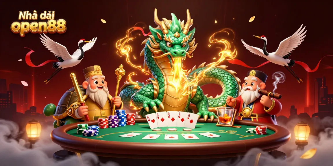 Engage with Nhà cái open88 in a vibrant 3D casino scene filled with dynamic game elements and iconic symbols.