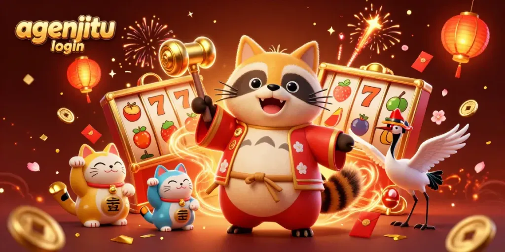 Mengakses agenjitu login dengan suasana syukuran yang dikelilingi kucing keberuntungan dan banyak elemen permainan.
