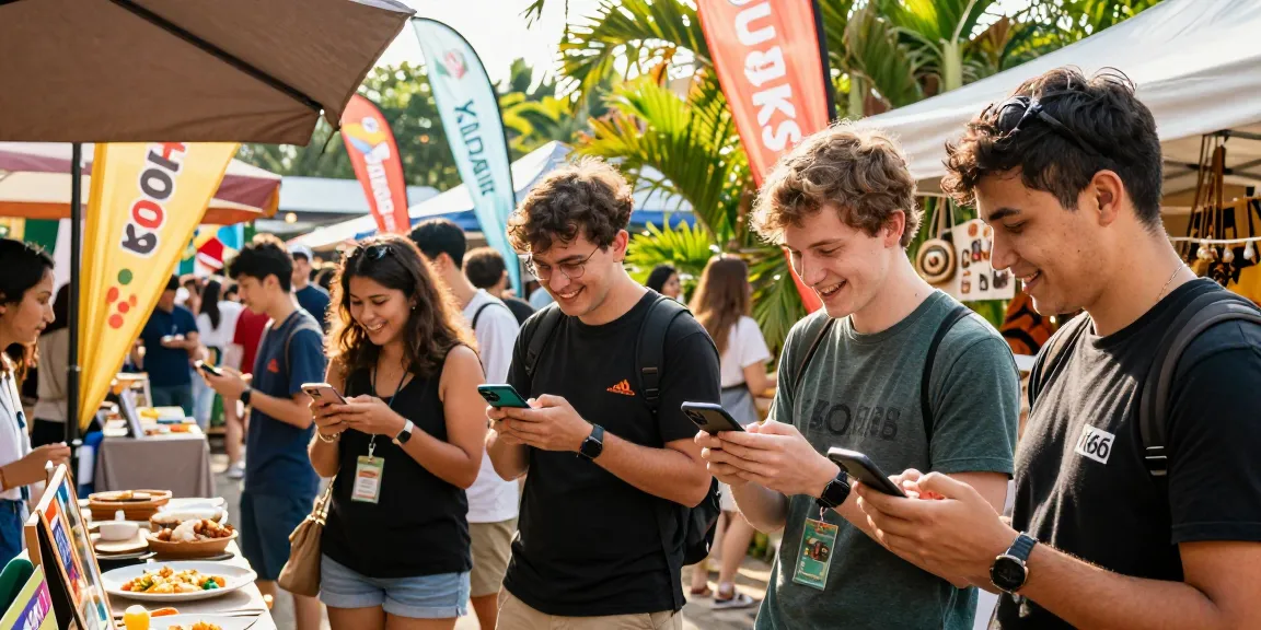 Users engaging with the KO66 app at a lively market, enjoying unique experiences.