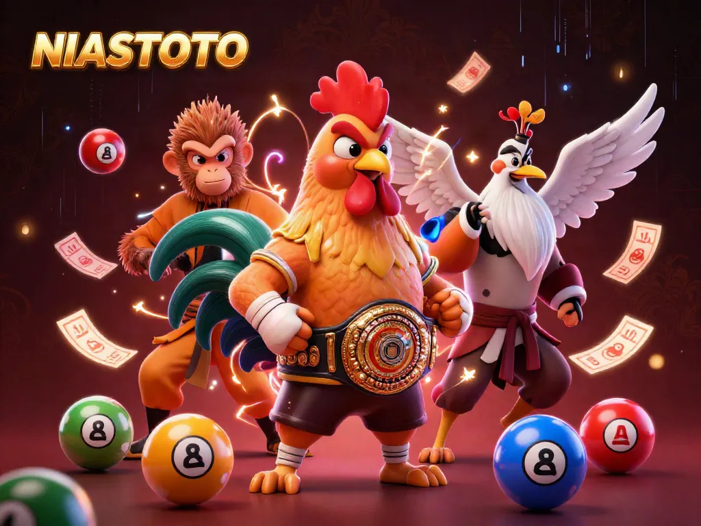 NIASTOTO menampilkan ayam laga 3D dan elemen togel berwarna-warni yang menyemarakkan suasana bermain angka secara aman.