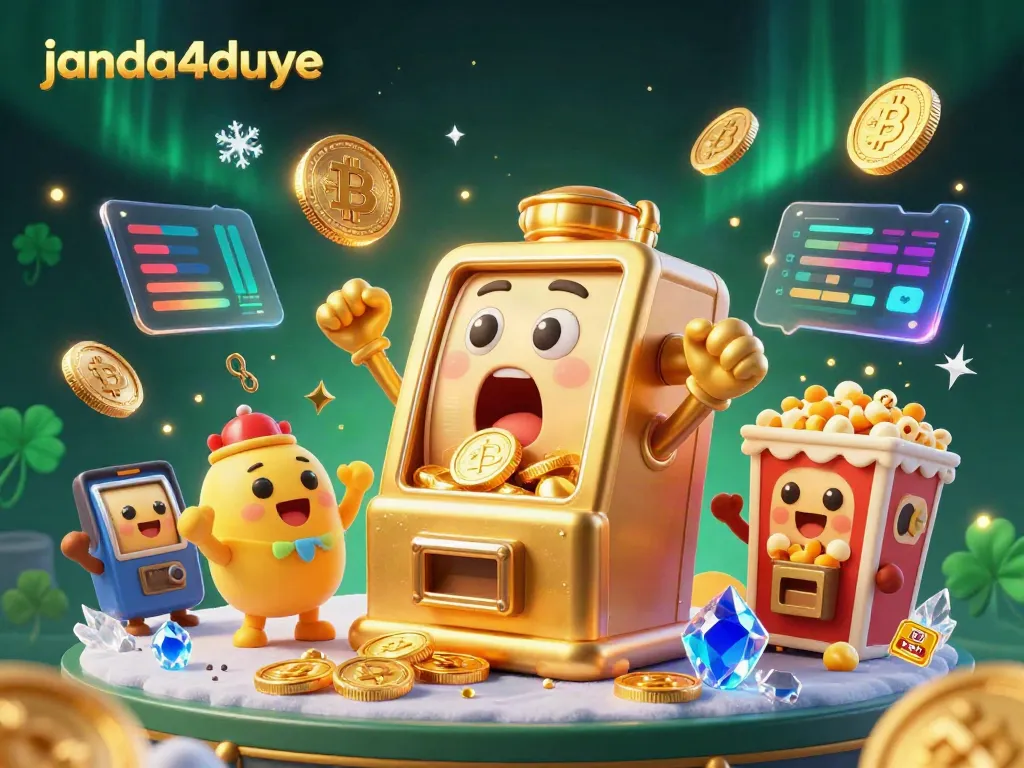 janda4duye mesin slot merayakan jackpot dengan banyak koin dan mesin slot yan muda bersorak, suasana kasino ceria.