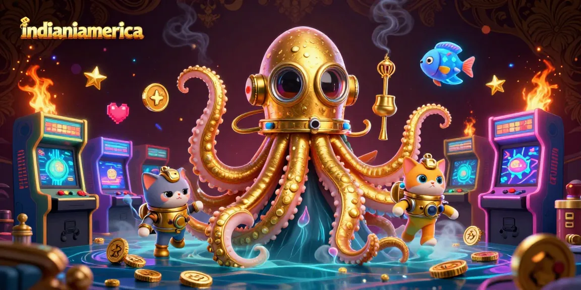 Experience excitement with indianiamerica's vibrant 3D casino scene featuring a kraken, diving cat, and arcade elements.