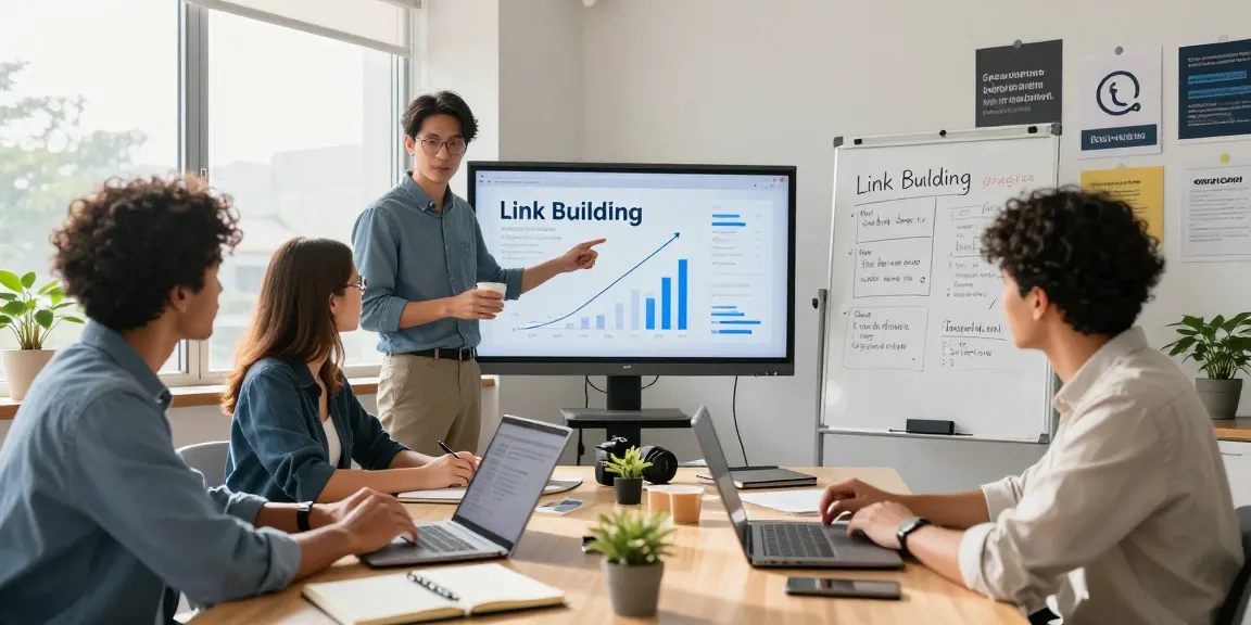 Professionals demonstrating link building grey niche strategies in a modern office.