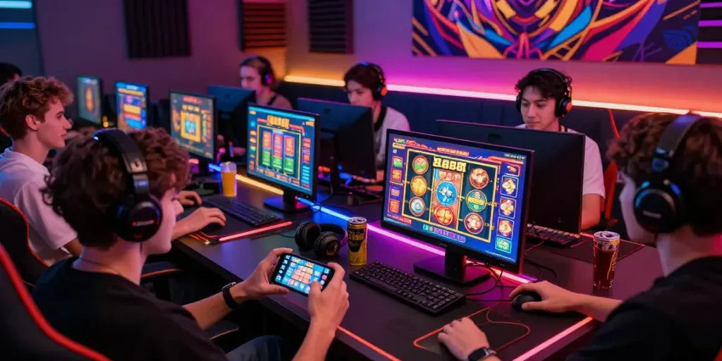 Players engaging with slot888 online games in a vibrant gaming room.
