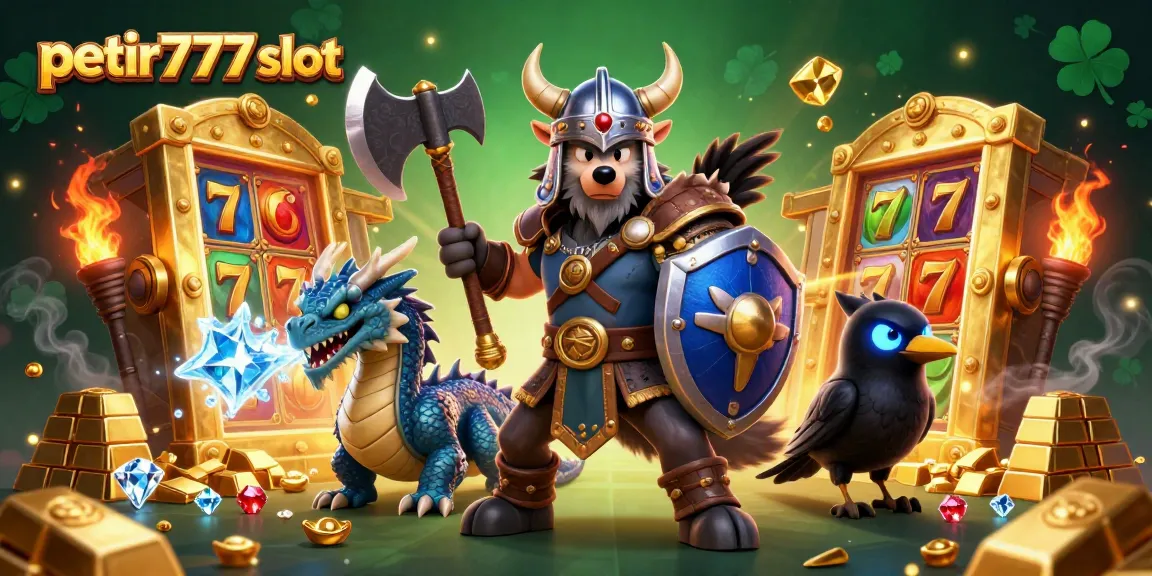 Win big in petir777 slot with Viking warrior and dragon amidst golden treasures and slot elements.