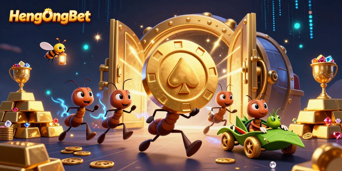 HengOngBet showcases a thrilling scene of ants heisting a giant poker chip in a vibrant casino setting.