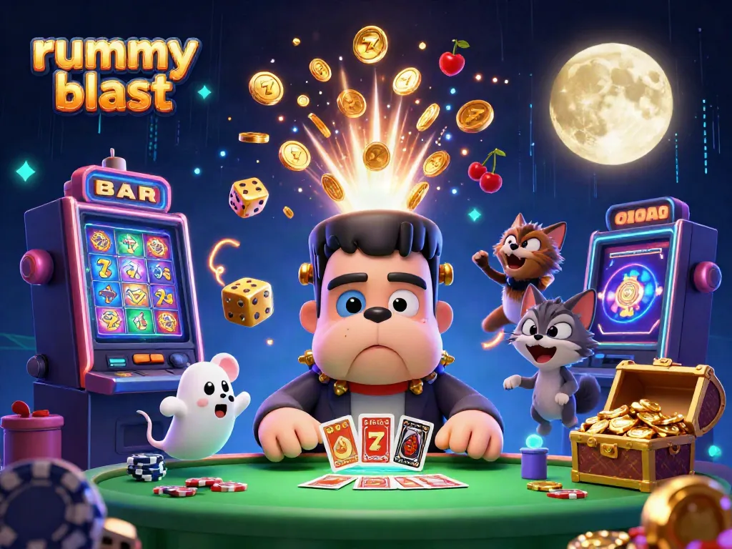 Experience rummy blast in a thrilling scene featuring a cartoon bulldog dealing cards with dynamic casino elements.