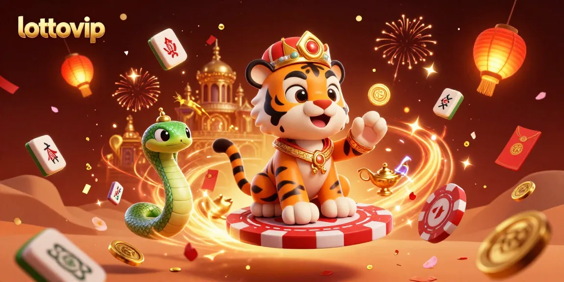 Memanfaatkan kesempatan menang dengan lottovip, ilustrasi 3D bergaya menampilkan karakter dan elemen perjudian yang meriah.