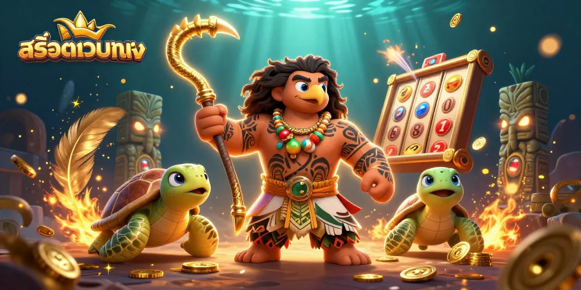 Spin the reels with สล็อตเว็บตรง featuring a Polynesian demigod and a turtle sidekick in a vibrant slot scene.