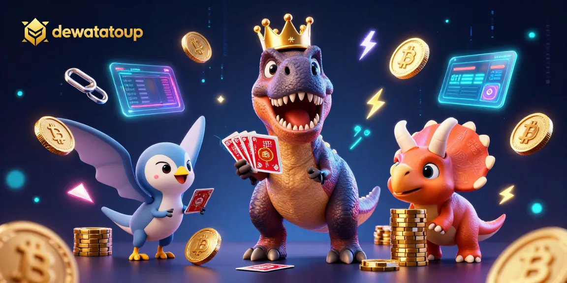 Menggunakan dewatatopup untuk proses top up game cepat dengan T-Rex dan triceratops berlatih di kasino