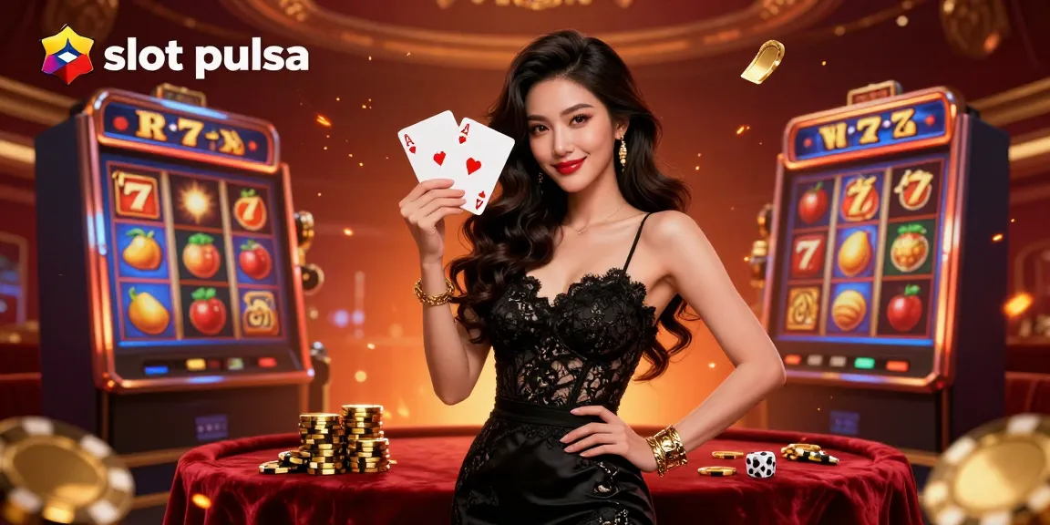 Experience the thrill of slot pulsa with our elegant Asian character amid vibrant reels and casino decor.
