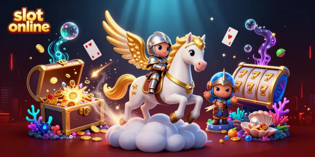 Engaging casino adventure with slot online elements, a knight on a celestial horse amidst gold and gems.