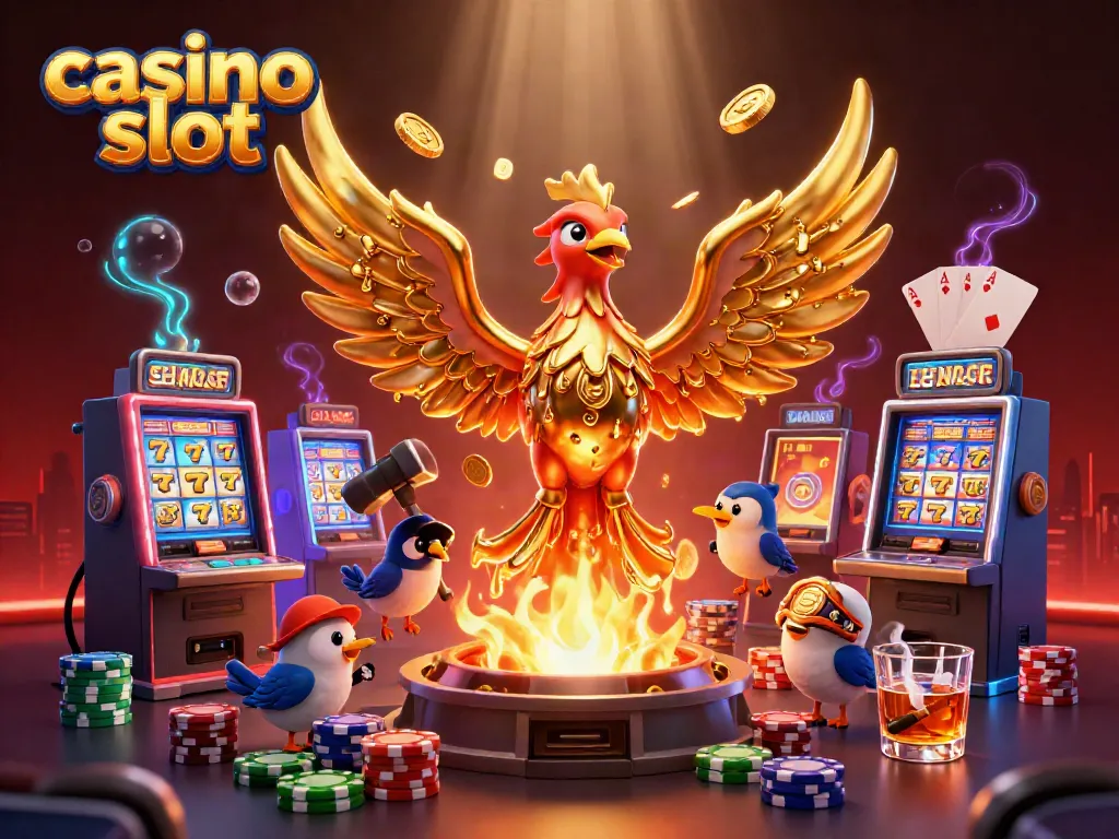 Experience thrilling casino slot action with a molten golden phoenix and poker elements.
