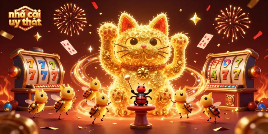 Join the excitement with nhà cái uy tín featuring a giant lucky cat and vibrant casino symbols.