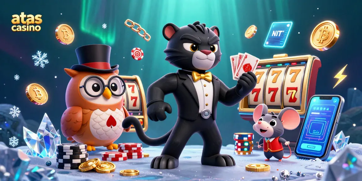 Atas casino scene with a stylish black panther, wise owl, and lucky mouse amidst vibrant gaming elements and crypto symbols.