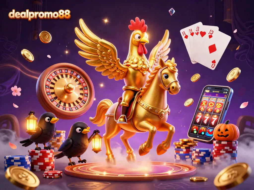 Spin the reels with dealpromo88's golden rooster and treasures in a vibrant casino scene.
