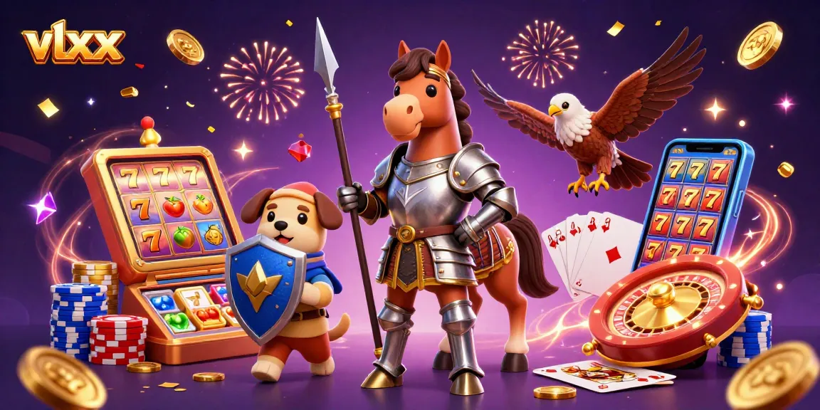 Experience excitement with vlxx as a knight, puppy, and falcon celebrate amidst sparkling casino elements.